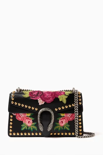 Small Floral-embroidered Dionysus Shoulder Bag in Leather