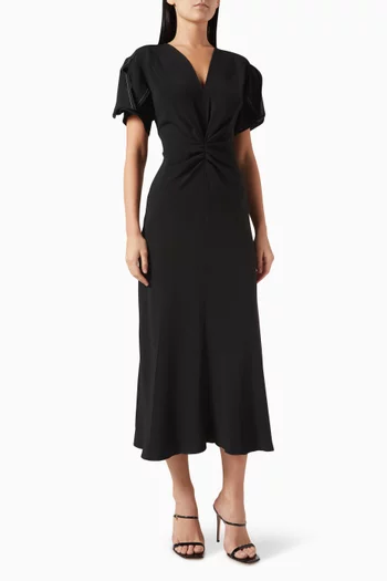 Gathered V-Neck Midi Dress in Viscose Blend