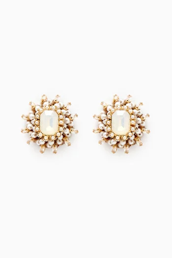 Pearl & Emerald-cut Crystal Earrings in Gold-plated Brass