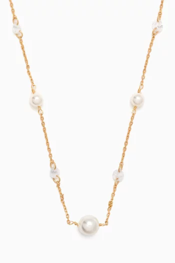 Pearl & CZ Station Necklace in Gold Vermeil