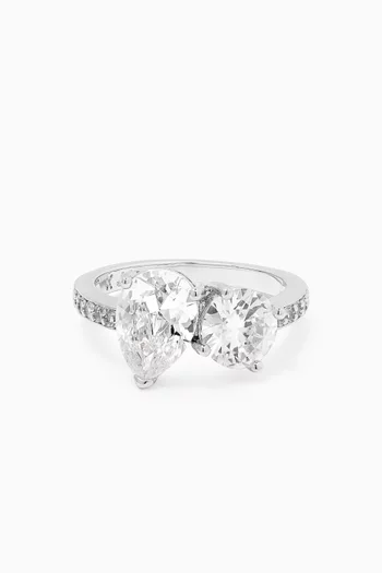 Round & Pear Stone Pave Ring in Rhodium-plated Brass