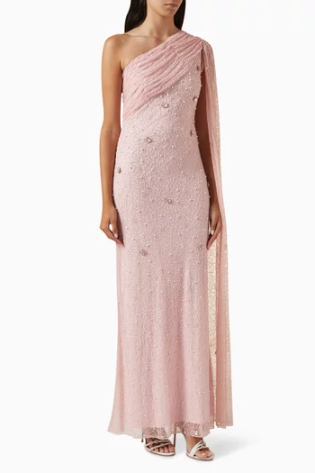 Tonal Embellished One-shoulder Gown in Tulle