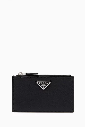 Enamelled Logo Card Holder in Saffiano Leather