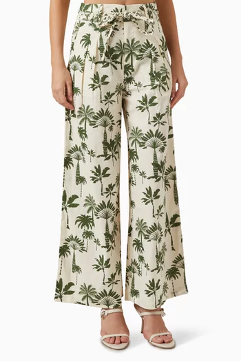 Rhea Palm-print Pants in Cotton-linen