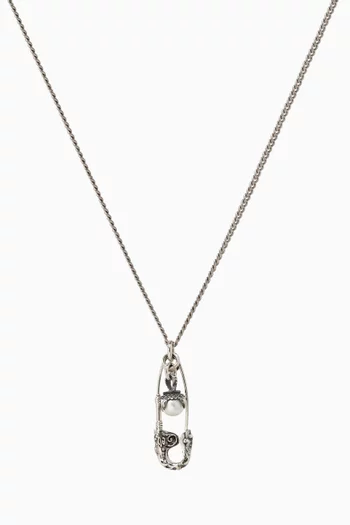 Safety Pin Pearl Pendant Necklace in Sterling Silver