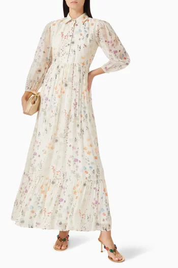 Hanna Embroidered Midi Dress in Cotton-silk