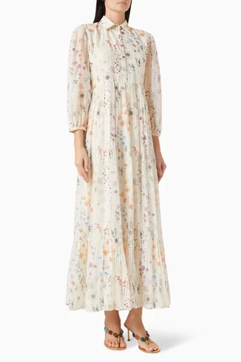 Hanna Embroidered Midi Dress in Cotton-silk