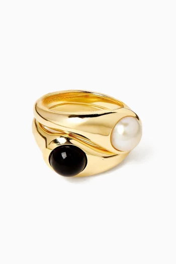 Dualism Onyx & Freshwater Pearl Set of 2 Rings in 18kt Gold-plated Silver