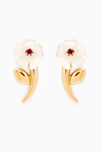 Flower Mother of Pearl Ruby Earrings in 18kt Yellow Gold