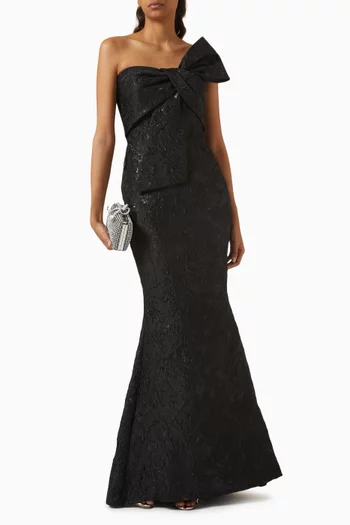 Bow Strapless Gown in Metallic Jacquard