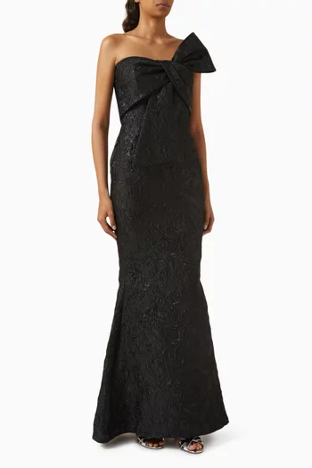 Bow Strapless Gown in Metallic Jacquard