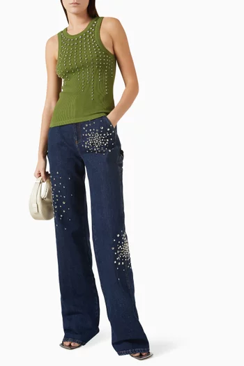 Crystal-embellished Tank Top in Cotton Rib-knit