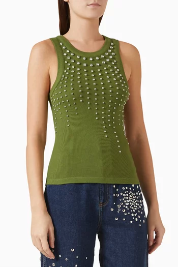 Crystal-embellished Tank Top in Cotton Rib-knit