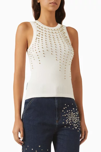 Crystal-embellished Tank Top in Cotton Rib-knit