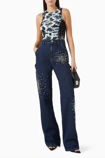 Crystal-embellished Tie-dye Tank Top in Cotton Rib-knit