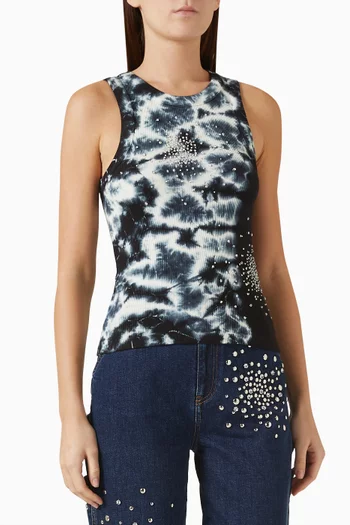 Crystal-embellished Tie-dye Tank Top in Cotton Rib-knit