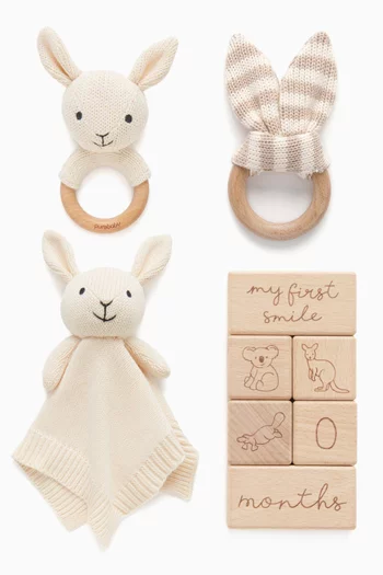 BU PLAY PACK BUNNY WITH KNITTED RATTLE, KNITTED COMFORTER, RABBIT EAR TEETHER, MILESTONE BLOCKS SET:OFF WHITE:One Size|217386124