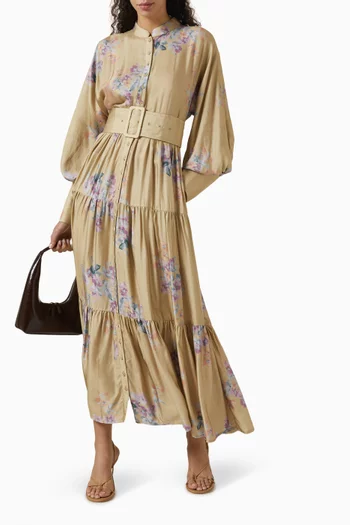 Floral-print Belted Maxi Dress in Viscose-linen Blend