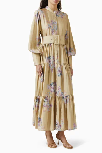 Floral-print Belted Maxi Dress in Viscose-linen Blend