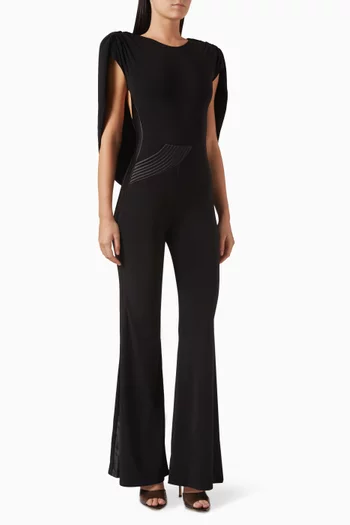 TAKIN IT ALL JUMPSUIT- JERSEY JUMPSUIT WITH COWL BACK FEATURE, STITCHED SATIN POCKET & SHOULDER ACCENTS:BLK:4|217411947