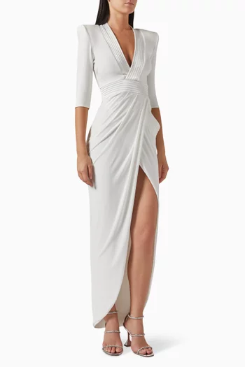 EYE OF HORUS GOWN- FULLY LINED STRETCH JERSEY GOWN WITH PLUNGE NECKLINE STITCHED SATIN FEATURE, SHOULDER ACCENTS AND WRAP STYLE SKIRT:White    :4|217412057