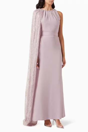 Embellished Cape Maxi Dress in Lace & Crepe