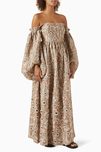 Alheli Embroidered Maxi Dress in Linen