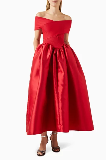 فستان سهرة بأكتاف مكشوفة وتنورة واسعة ميكادو وجيرسيه