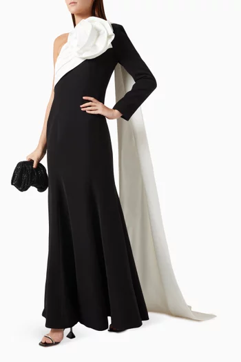 One-shoulder Cape Gown in Scuba Crepe & Agate Silk