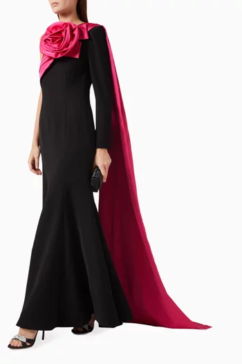One-shoulder Cape Gown in Scuba Crepe & Agate Silk