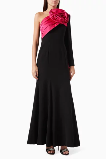 One-shoulder Cape Gown in Scuba Crepe & Agate Silk
