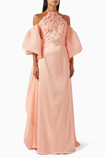Aylyn Floral-appliqué Cold-shoulder Gown