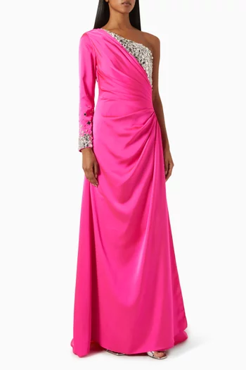 Mirror-embelished One-shoulder Gown
