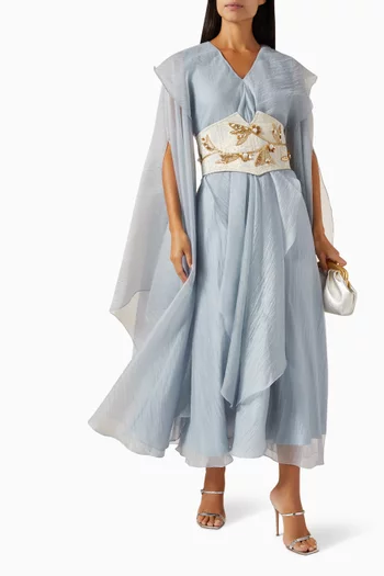 فستان متوسط الطول بكشكش وحزام بنمط مشد مطرز