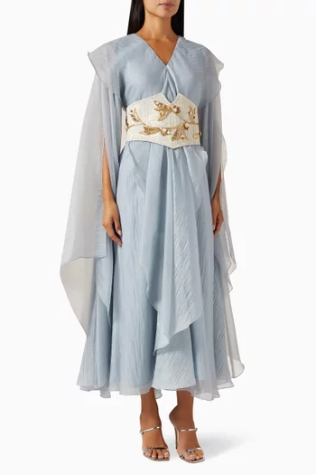 فستان متوسط الطول بكشكش وحزام بنمط مشد مطرز