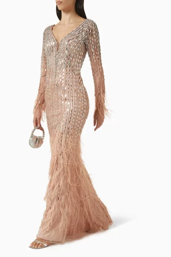 فستان سهرة بشريط مزين بالريش