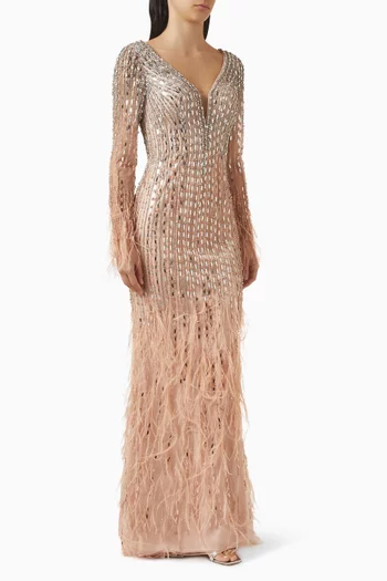 فستان سهرة بشريط مزين بالريش