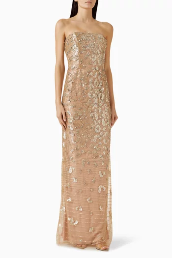 فستان سهرة بلا حمالات مطرز بالخرز قماش شبكي