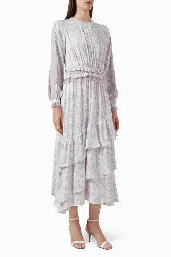 فستان متوسط الطول بأشرطة كشكش مزيج فيسكوز