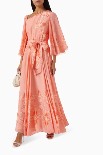 فستان طويل بحزام وكتف مكشوف كريب