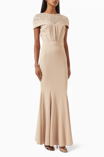 Embellished Maxi Dress in Stretch Knit Crepe & Tulle