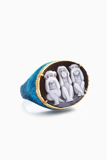 "Wise Monkeys" Cameo Ring in 18kt Gold Rhodium-plated Silver