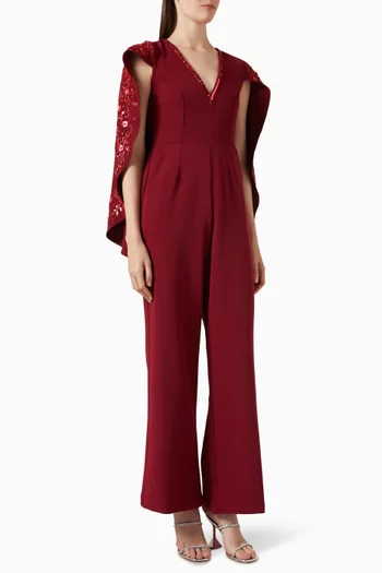 Embellished Cape Jumpsuit in Crepe