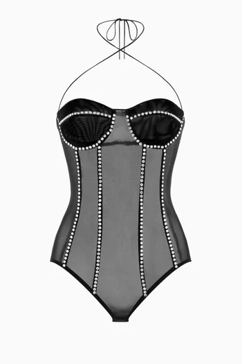 Gem Necklace Bodysuit in Mesh