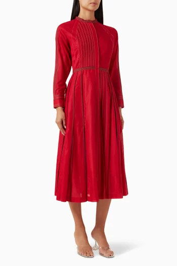 Side Slit Pleated Shirt Midi Dress in Cotton