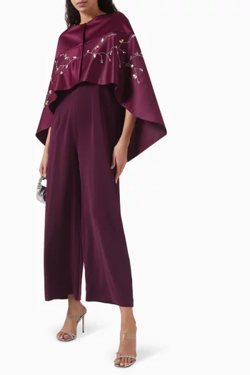 Floral-embroidered Cape Jumpsuit