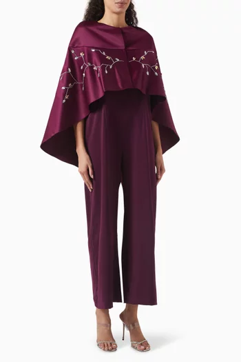 Floral-embroidered Cape Jumpsuit