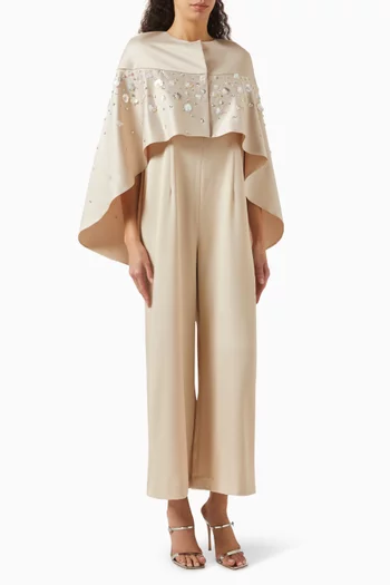 Floral-embroidered Cape Jumpsuit