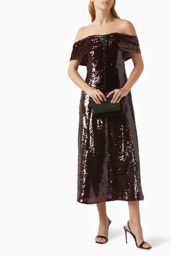 Off-shoulder Sequin-embellished Midi Dress