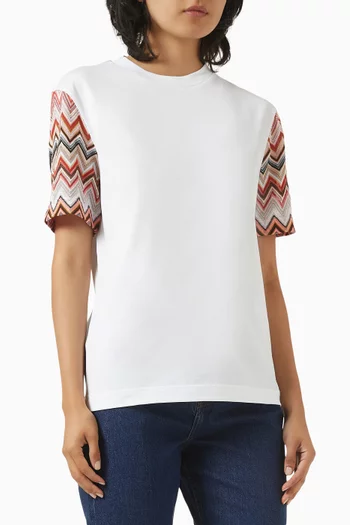 Zig-zag Knit Sleeves T-shirt in Cotton-blend